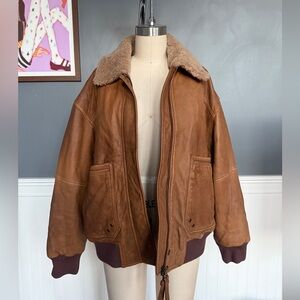 WE THE FREE Brown Leather Jacket with Real Shearling Collar
